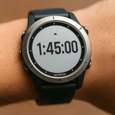 Sportuhr zeigt Halbmarathon-Zielzeit 1:45:00 – Symbol für ambitioniertes Lauftraining mit Zeitfokus