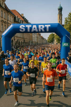 Halbmarathon-Start mit hunderten Läufern in einer süddeutschen Altstadt unter blauem Startbogen