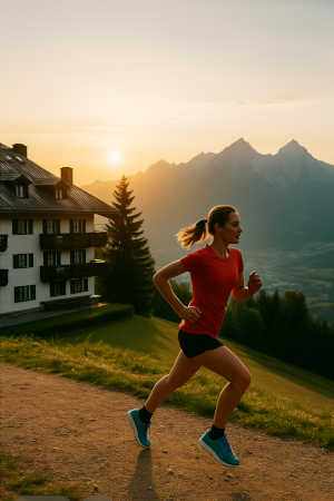 Läuferin auf Höhenweg mit Blick über Berge und Seen bei Morgenlicht